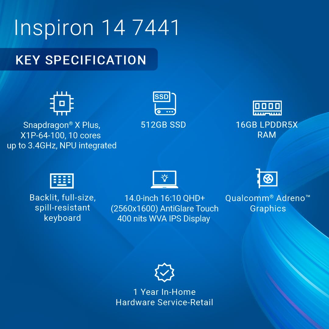 (Refurbished)Dell Inspiron 7441 Plus Laptop, Built-in AI Snapdragon X Plus X1P-64-100 10 Core, 16GB LPDDR5X + 512GB SSD