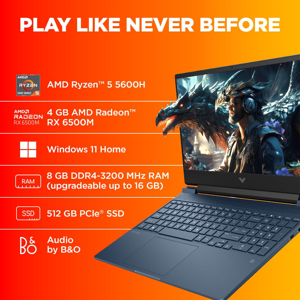HP Victus Gaming Laptop, AMD Ryzen 5 5600H, AMD 4GB Radeon RX 6500M Graphics
