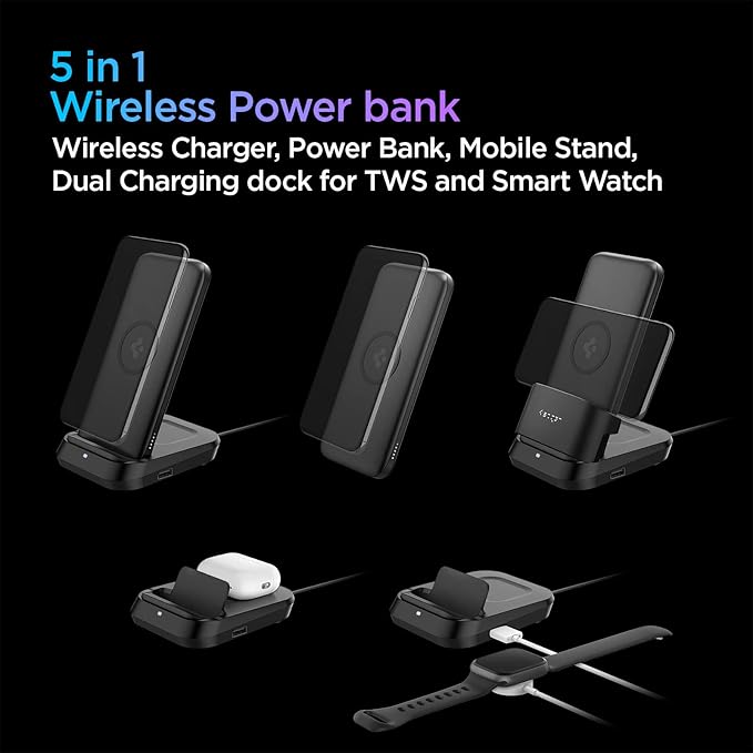 Spigen ArcPack 10000mAh 20W 5in1 Wireless Power Bank - Black | 10000mAh 5in1 Wireless Fast Charging