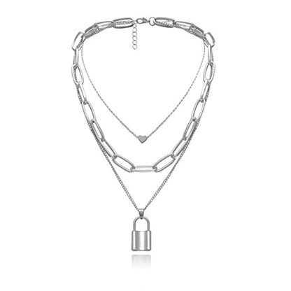 Lock & Heart Pendant Layered Necklace - Symbol of Love and Connection