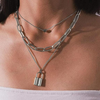 Lock & Heart Pendant Layered Necklace - Symbol of Love and Connection