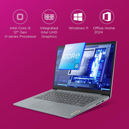 Lenovo IdeaPad Slim 3, Intel Core i5-12450H, 12th Gen, 16GB RAM, 512GB SSD, FHD, 14"/35.5cm, Windows 11, MS Office Home 2024, Grey, 1.37Kg, 83EQ0072IN, Alexa Built-in, 3 mon. Game Pass Laptop