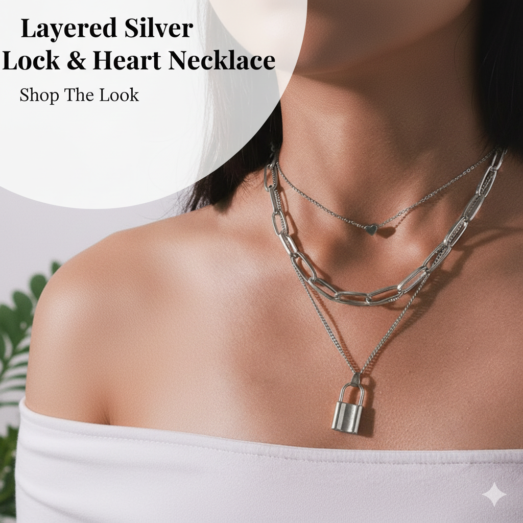 Lock & Heart Pendant Layered Necklace - Symbol of Love and Connection